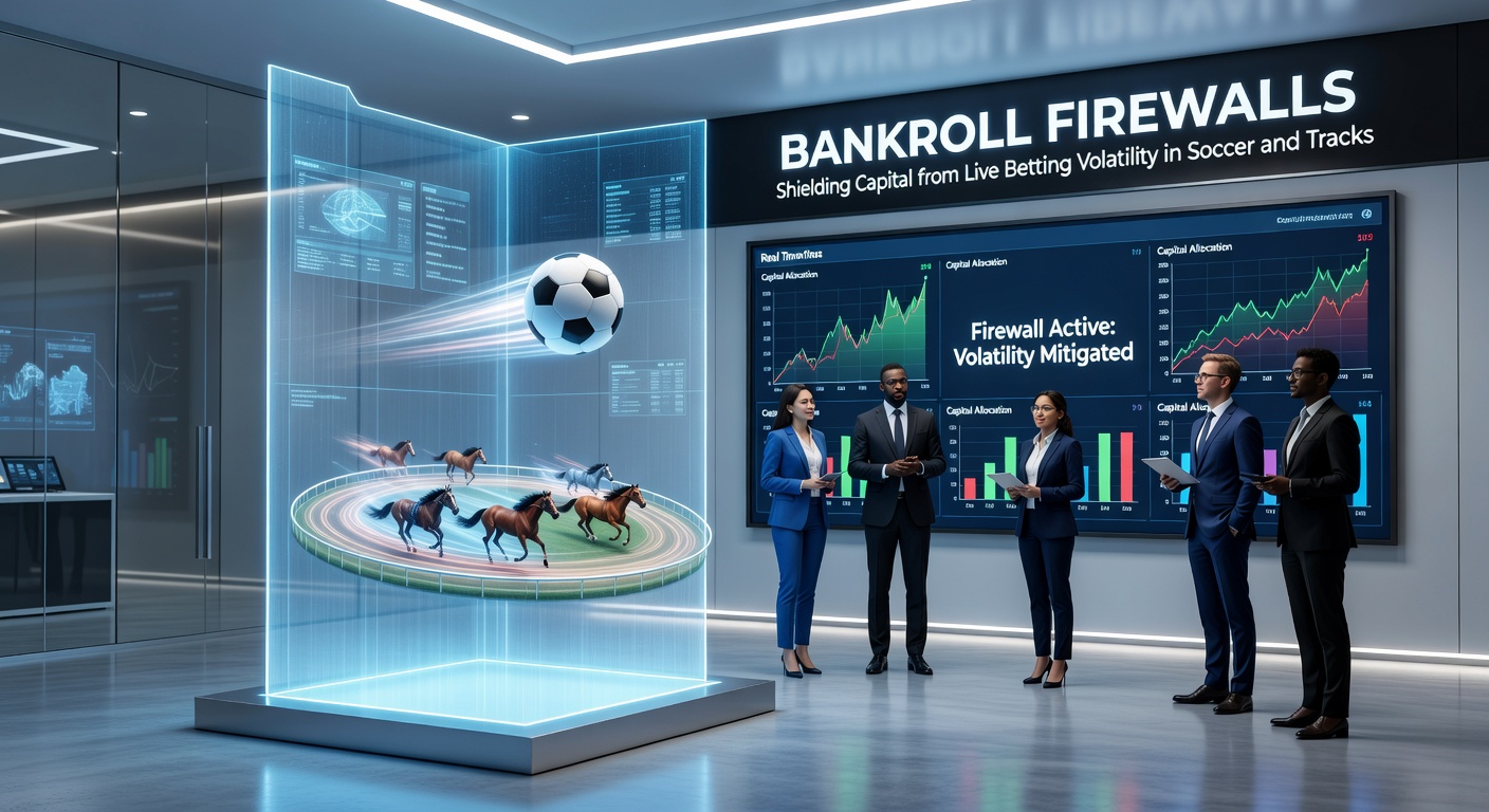 Visual representation of a fortified bankroll structure blocking volatile live betting waves in soccer matches and horse racing tracks