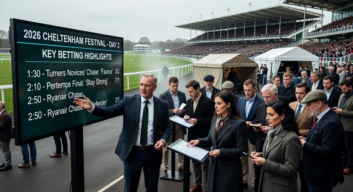 Close-up of a leading horse and jockey powering through the finish line at Cheltenham, with misty good to soft turf and cheering spectators in the background, emblematic of Champion Chase intensity