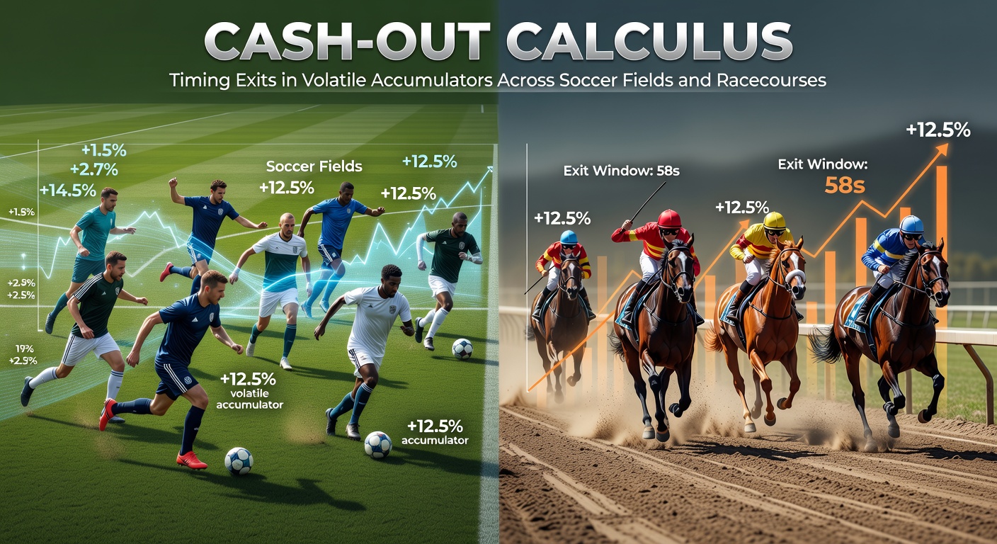 Split-screen visualization of a horse racing accumulator cash-out trajectory alongside a soccer match's live odds shift, emphasizing synchronized volatility peaks