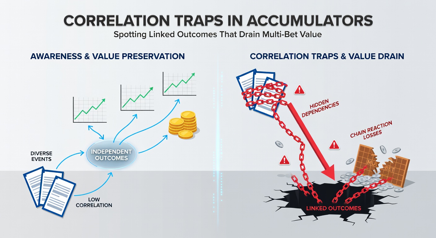 Chart showing probability decay in correlated accumulator legs, with lines diverging between implied and actual odds across four selections