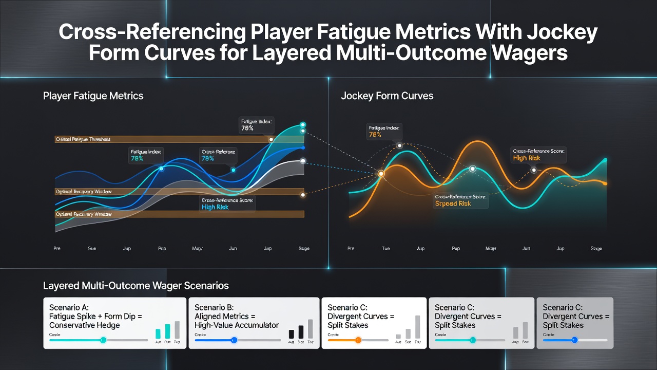 Visual representation of player fatigue tracking charts overlaid with jockey performance curves used in multi-outcome wager analysis