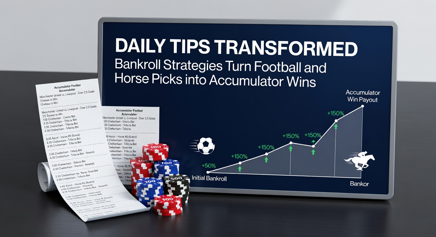 A vibrant graphic showing stacked accumulator bet slips with football pitches and horse racing tracks in the background, symbolizing transformed daily tips into big wins