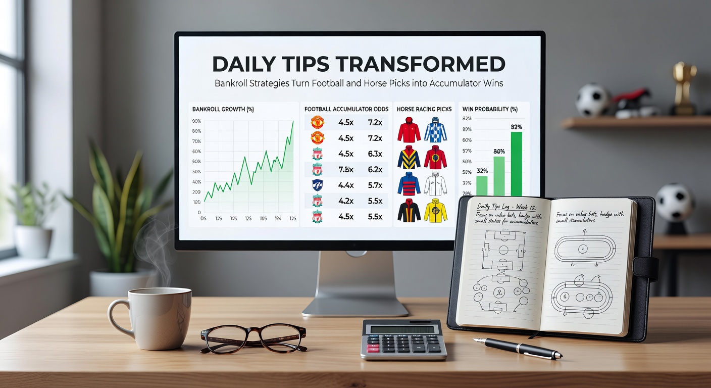 Close-up of a calculator overlay on a betting slip, illustrating bankroll calculations for football accumulators and horse racing multis, with graphs showing growth curves