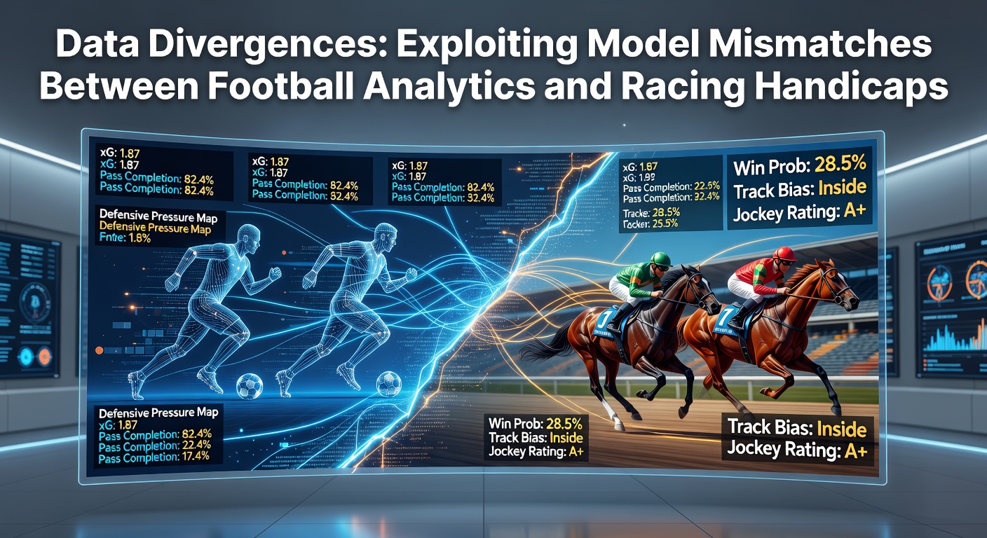 Graph overlay showing diverging prediction lines for a soccer match and horse race, highlighting mismatch points in betting odds