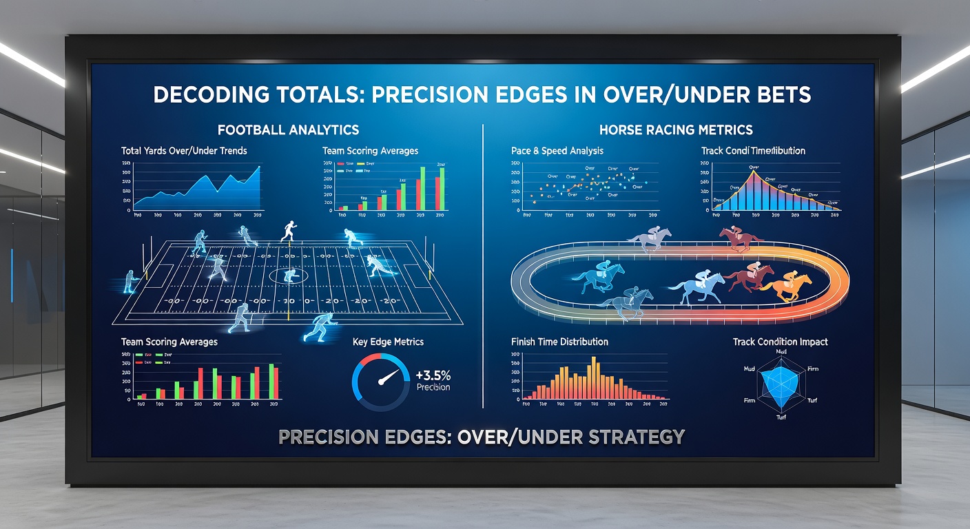 Horse racing field thundering down the stretch with digital overlays displaying pace splits and over/under time lines