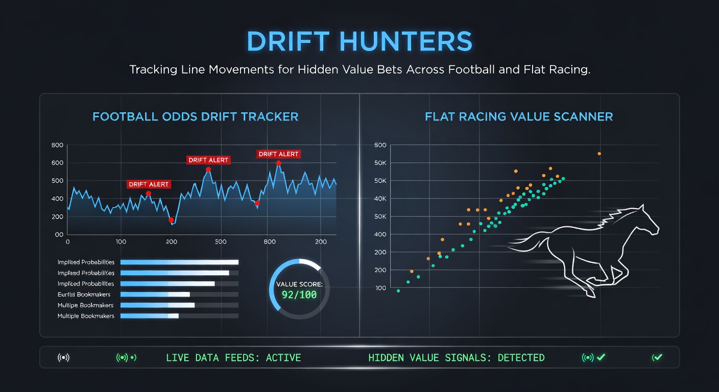 Screenshot of betting software dashboard displaying live odds drifts in a flat racing event and soccer in-play market