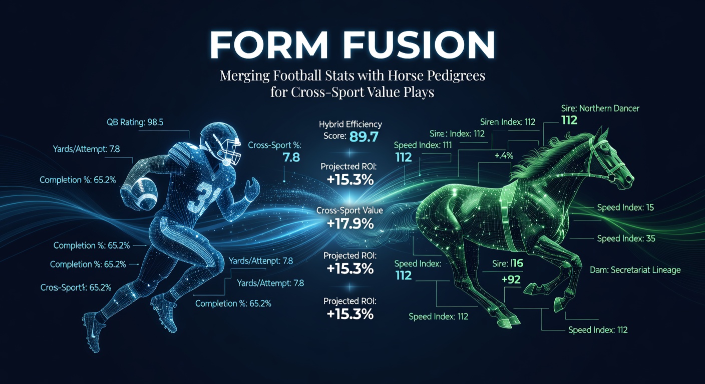 Collage showing a soccer player dribbling on a pitch overlaid with a thoroughbred horse galloping on a racetrack, symbolizing the fusion of football stats and equine pedigrees