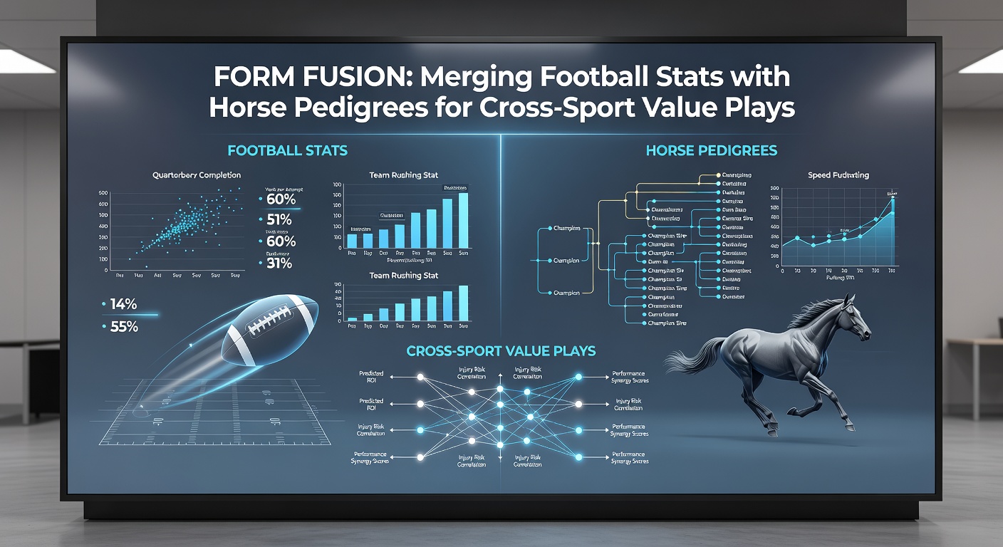 Close-up of a detailed horse pedigree chart intertwined with football match statistics graphs, illustrating data merger points