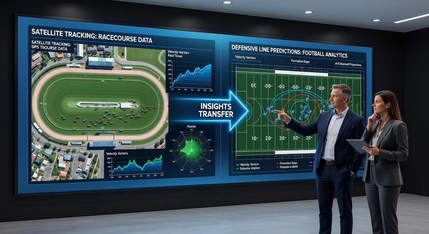 Data visualization screen displaying overlaid satellite paths from racehorses and football defensive movements for comparative analysis