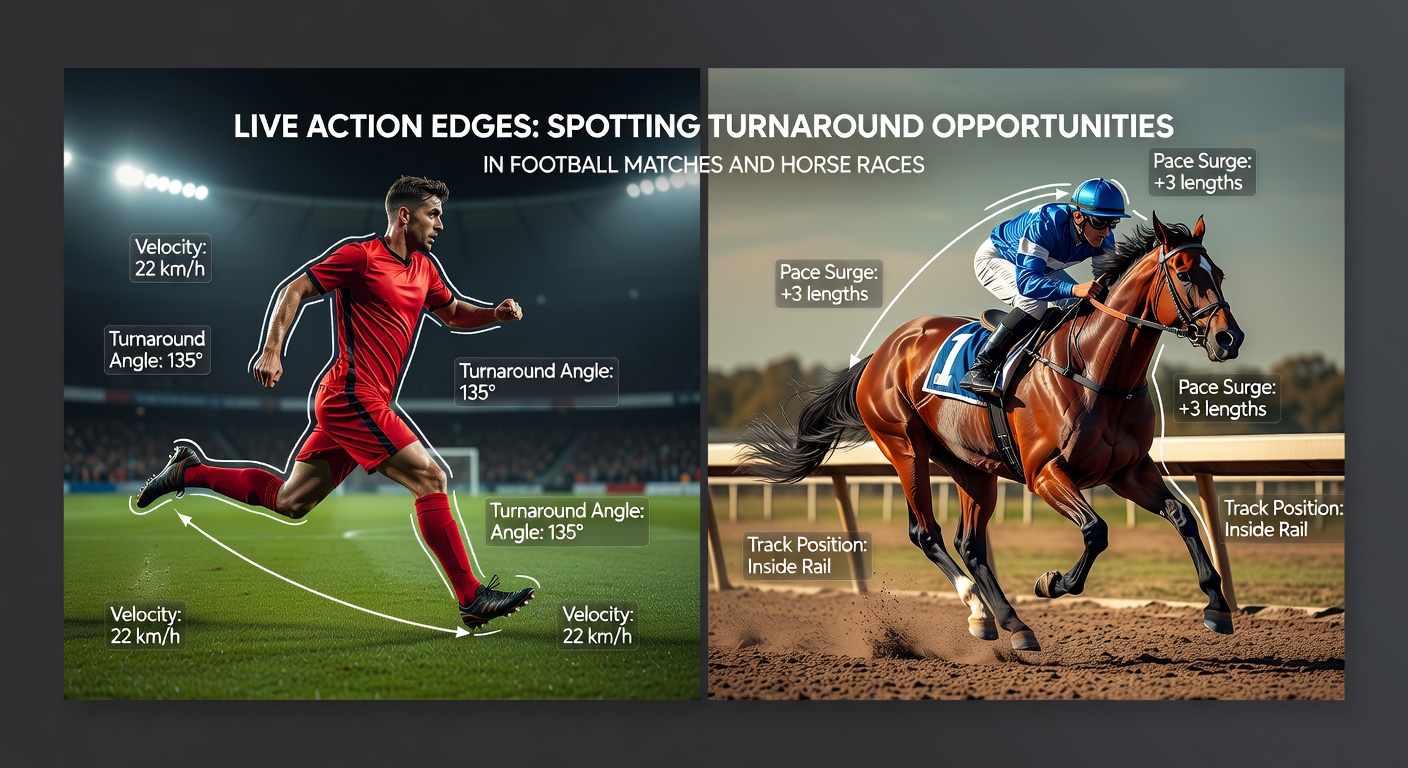 Horse race in full swing with a trailing horse making a powerful late charge past tiring leaders, live betting odds updating dynamically