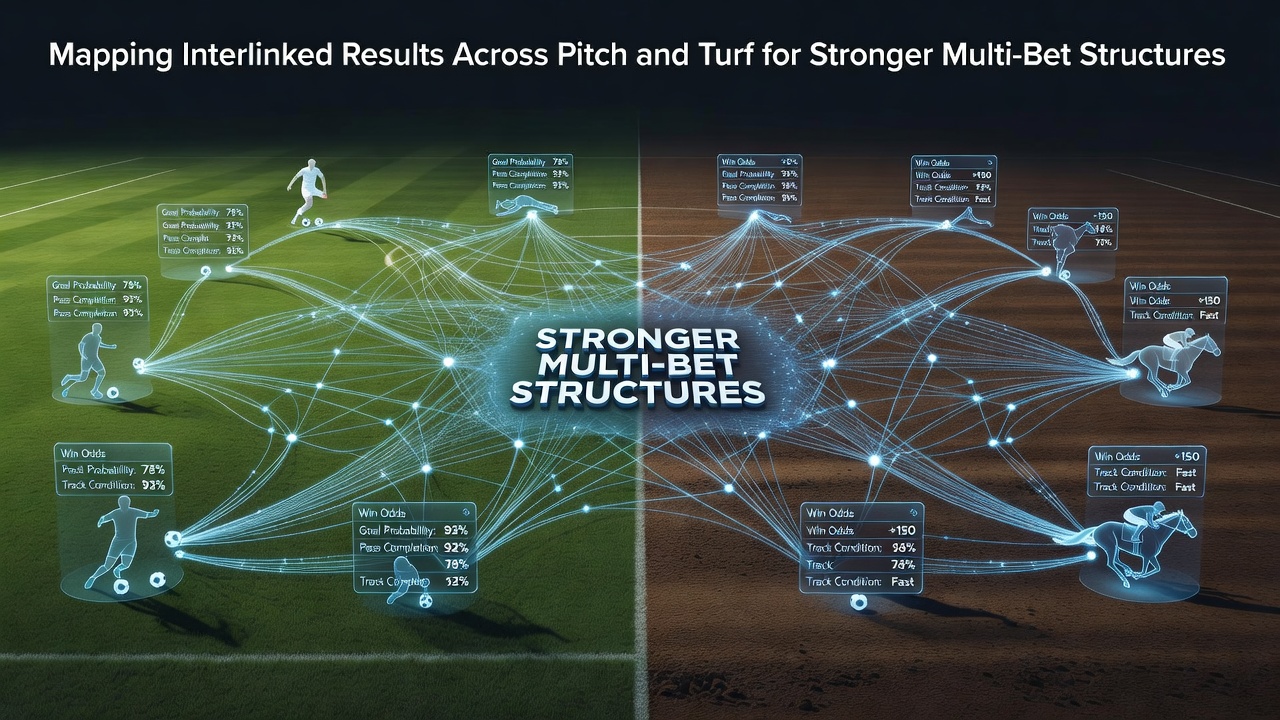 Data visualization showing interconnected metrics between soccer pitch results and horse racing turf performances for accumulator planning