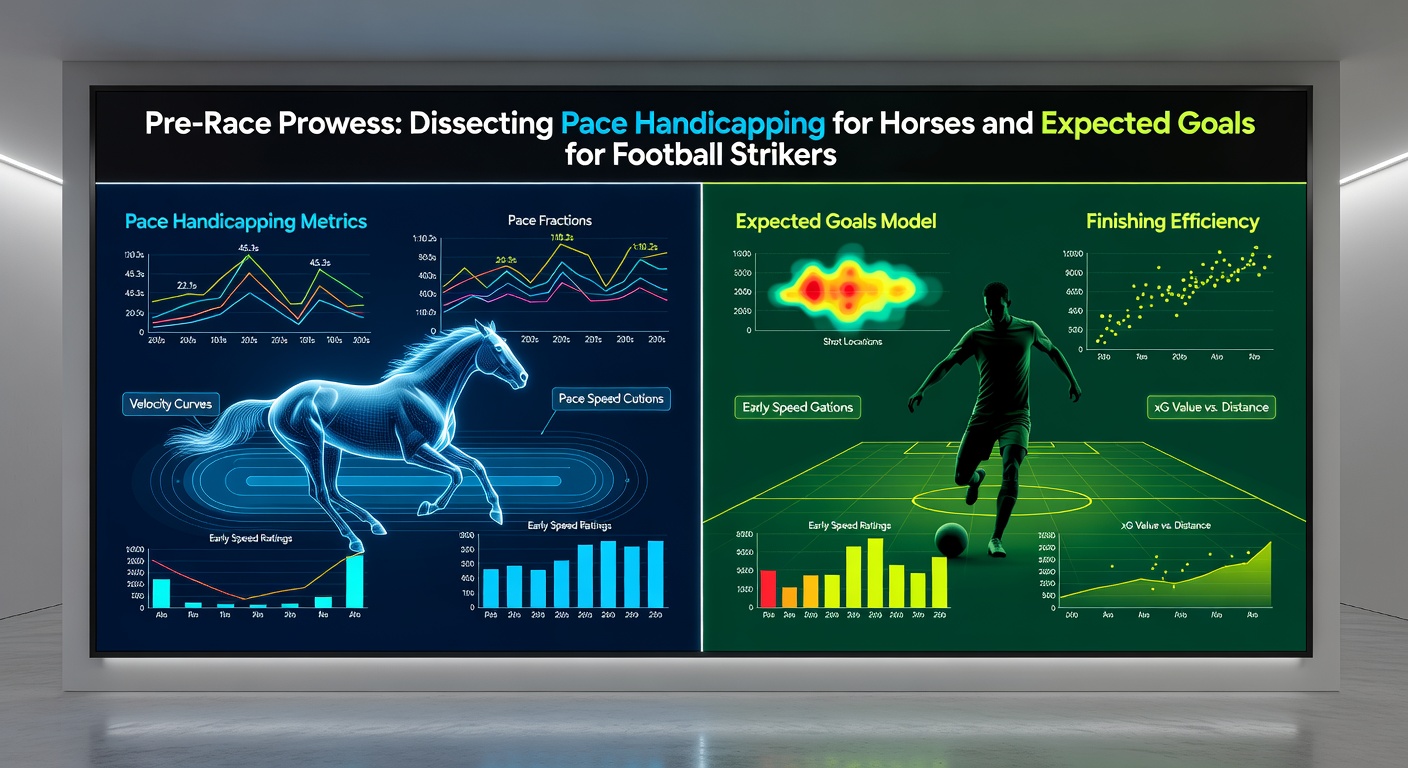 A dynamic split-image showing a horse surging ahead in a race alongside a soccer striker celebrating a goal, highlighting pace analysis and scoring metrics