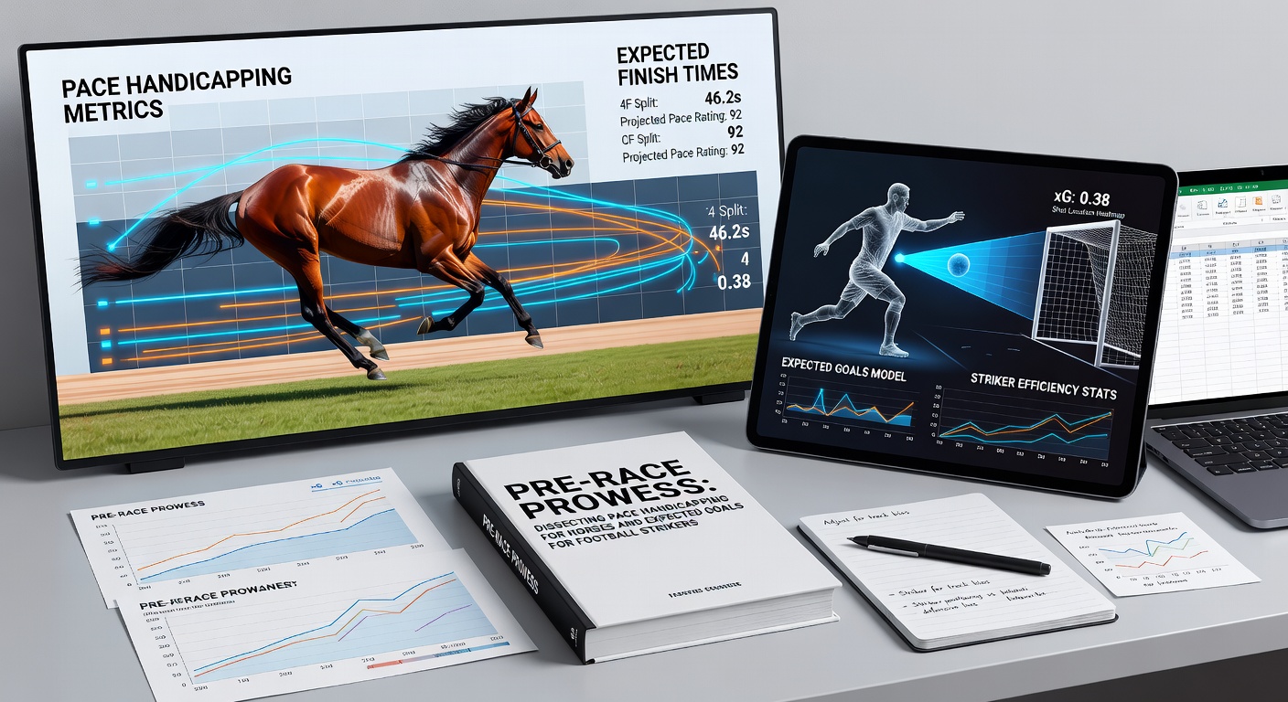 Close-up charts comparing horse pace figures on a racetrack graph next to a soccer xG heatmap for a striker's shots, illustrating analytical overlays