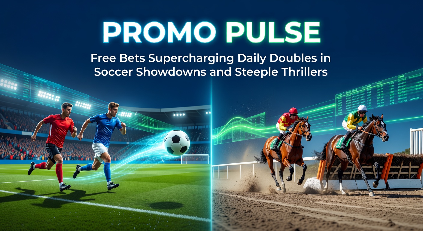 Vibrant soccer match with overlaid horse racing steeplechase action, highlighting betting slips and promotional free bet icons