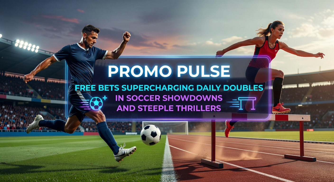 Dynamic split-image of a soccer player celebrating a goal beside a steeplechase horse leaping a fence, with glowing free bet promotion graphics