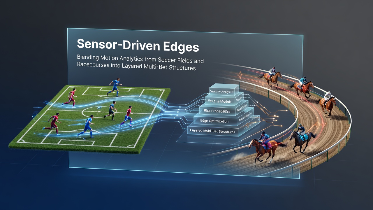 Motion sensor data overlay on a soccer pitch and racecourse track showing player and horse movement analytics