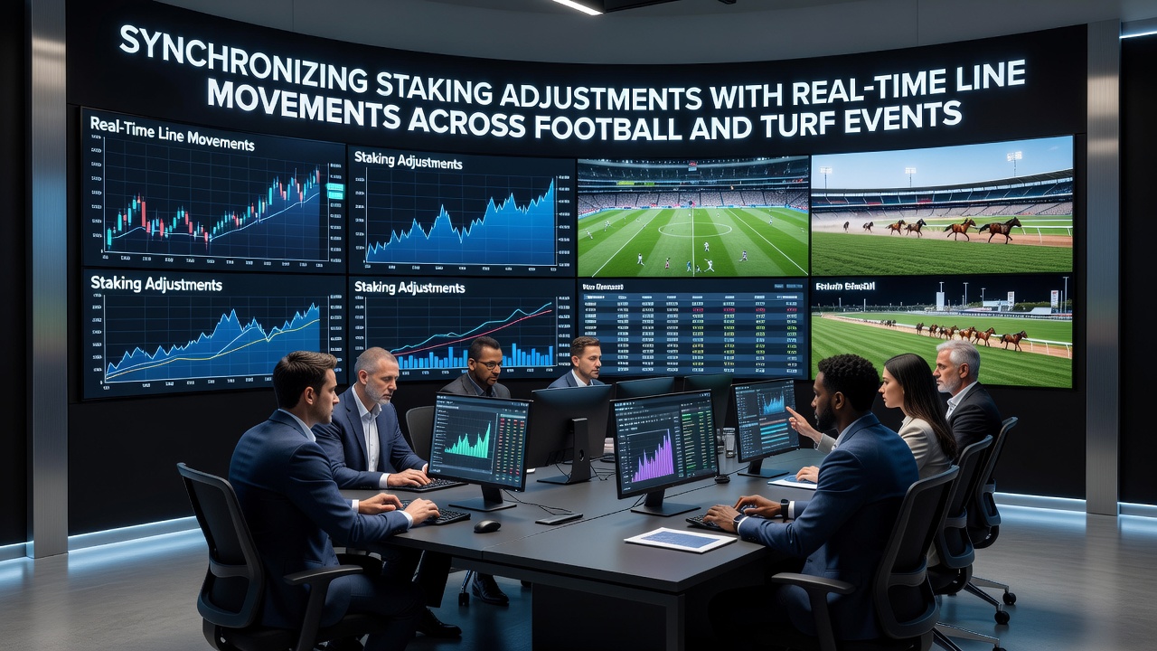 Dashboard view of synchronized staking tools applied to live horse racing odds and football match lines