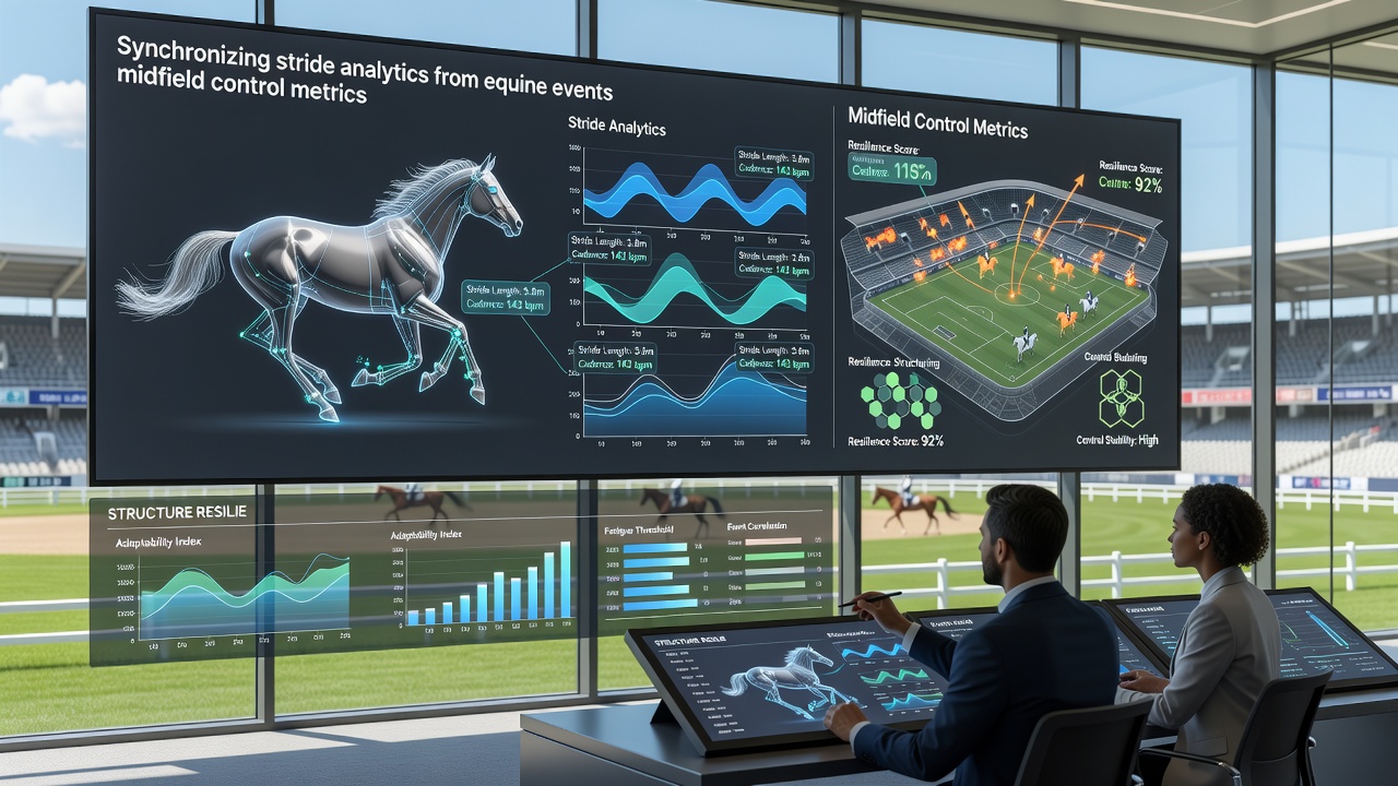 Midfield control visualization overlaid with equine stride patterns illustrating data fusion for cross-discipline accumulator strategies