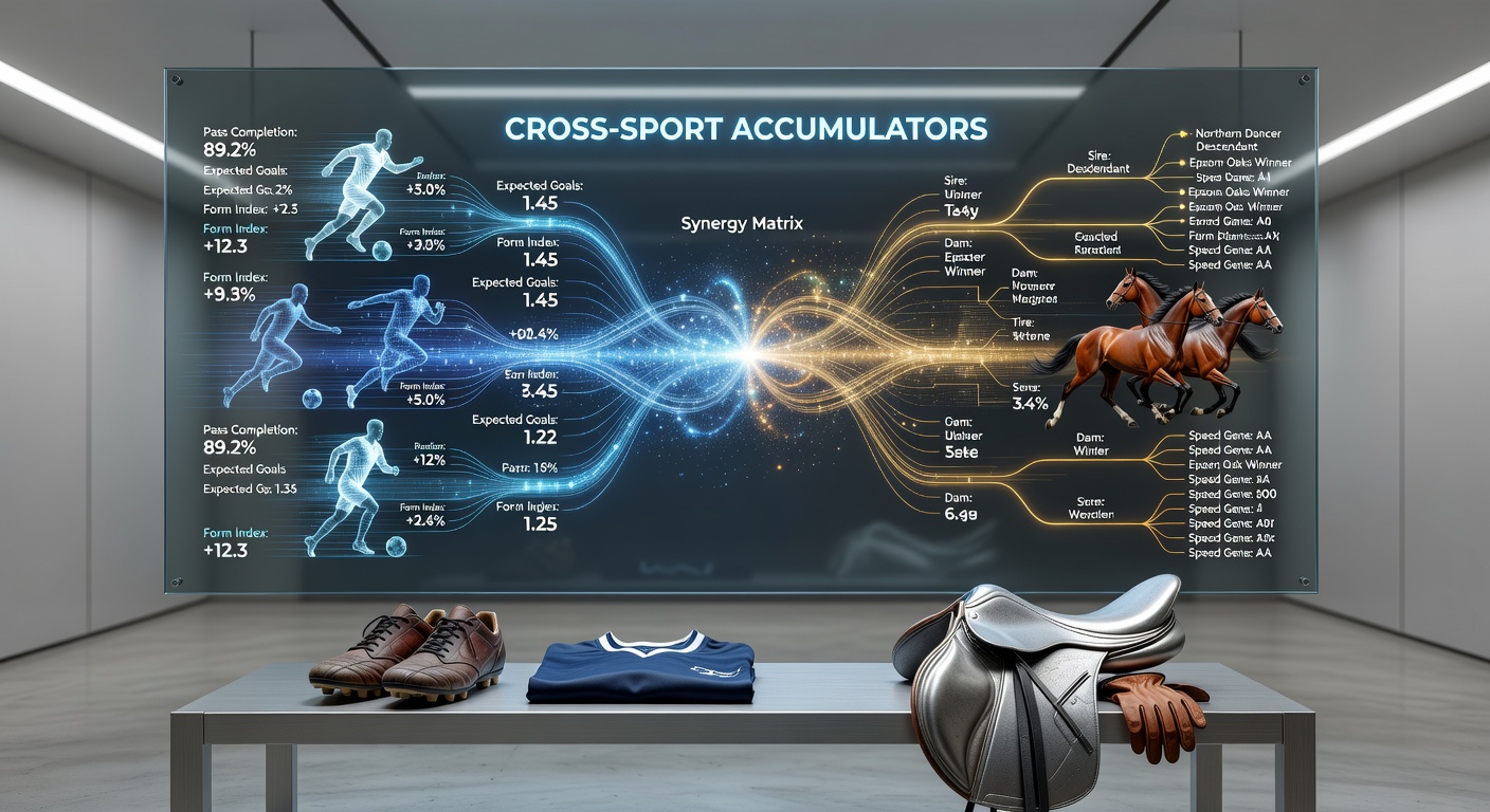 A dynamic split-image showing a soccer player sprinting on the pitch alongside a thoroughbred horse charging down the racetrack, symbolizing cross-sport betting synergy