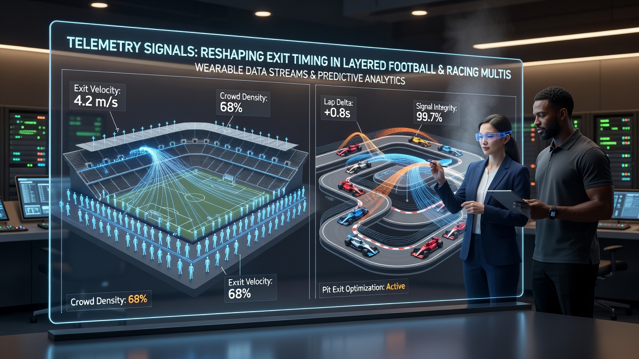Dashboard displaying synchronized telemetry streams from a football match and a horse race with live cash-out recommendations