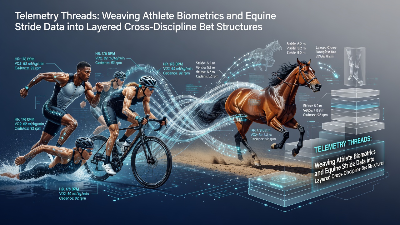 Athlete wearing biometric sensors during a match alongside a racehorse fitted with stride monitoring equipment on a training track
