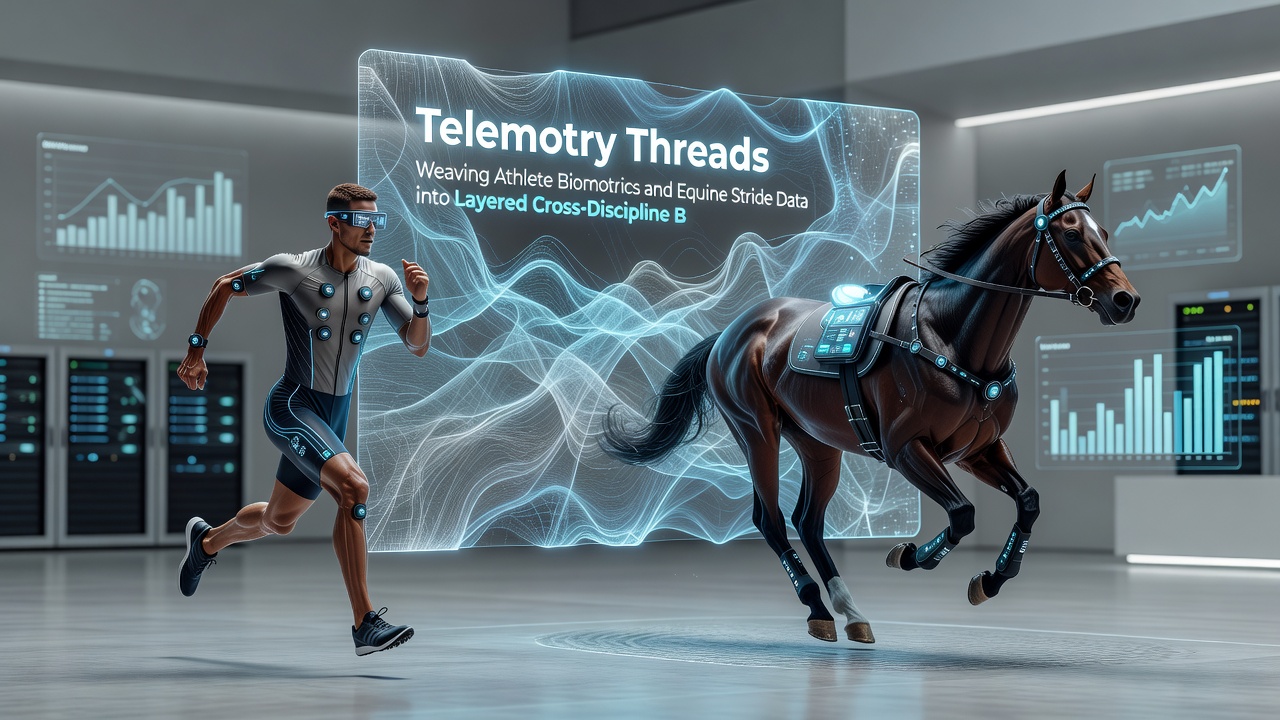 Dashboard interface displaying synchronized biometric graphs from athletes and stride analytics from horses during concurrent events