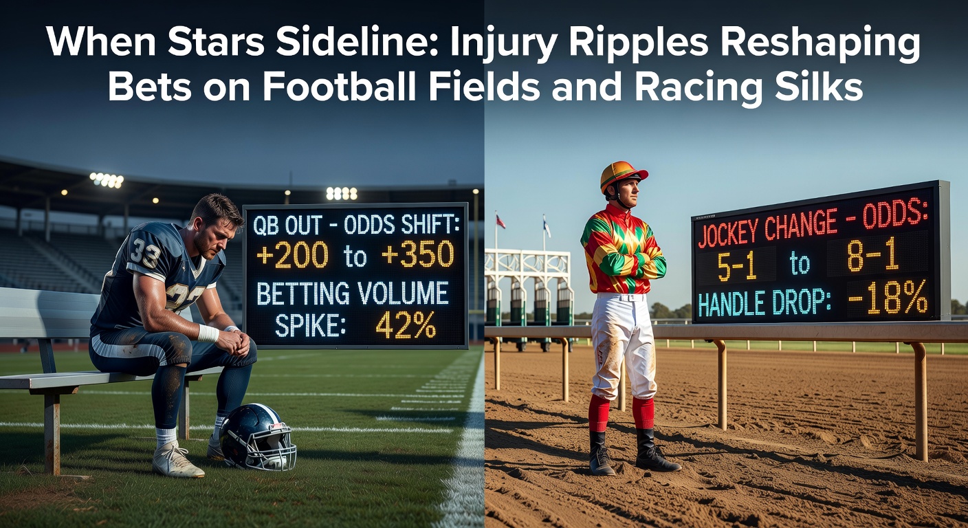 A soccer player on the sideline with an ice pack, next to a horse in racing silks being examined by a vet, illustrating injury impacts on sports betting