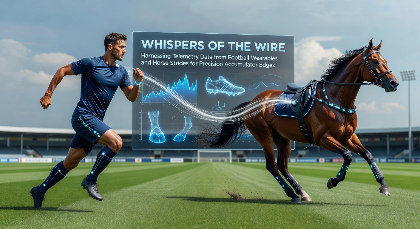 Football player wearing GPS tracking vest during match, overlaid with data streams showing speed and distance metrics