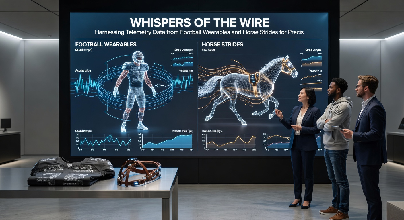Horse galloping with stride sensor visible on saddle, digital overlay displaying stride length, cadence, and fatigue curves